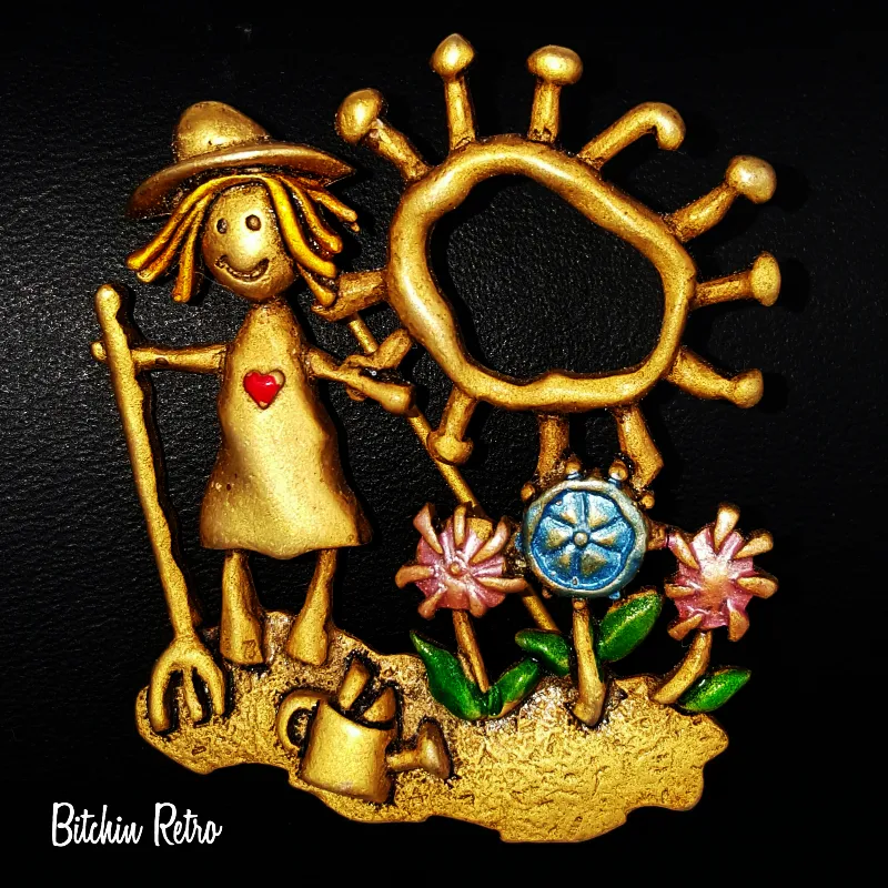 JJ Vintage Brooch  Flower Garden  Farmer  Enamel Flowered Pin