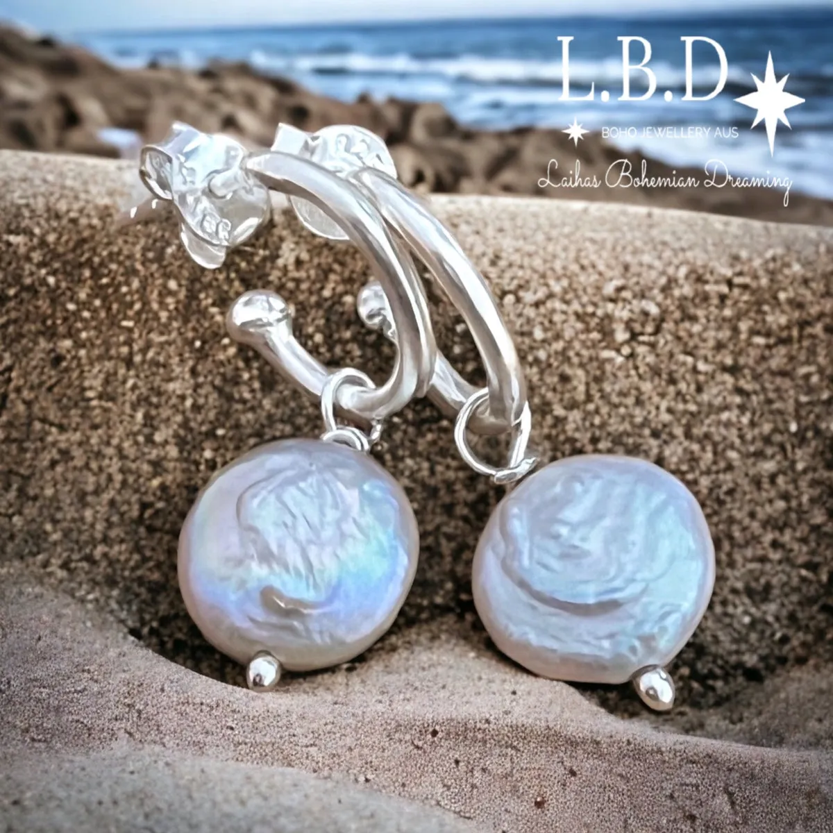 Laihas Classic Drop Button Pearl Hoop Earrings