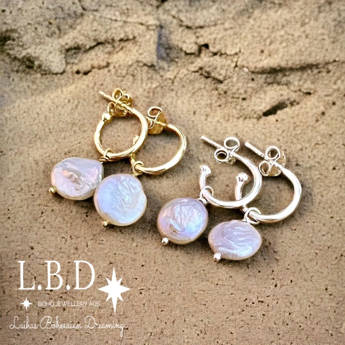 Laihas Classic Drop Button Pearl Hoop Earrings