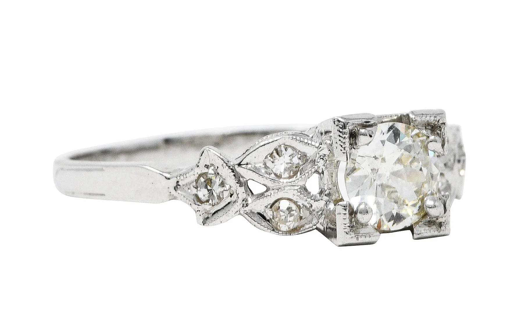 Late Art Deco 0.60 CTW Diamond 18 Karat White Gold Geometric Engagement Ring