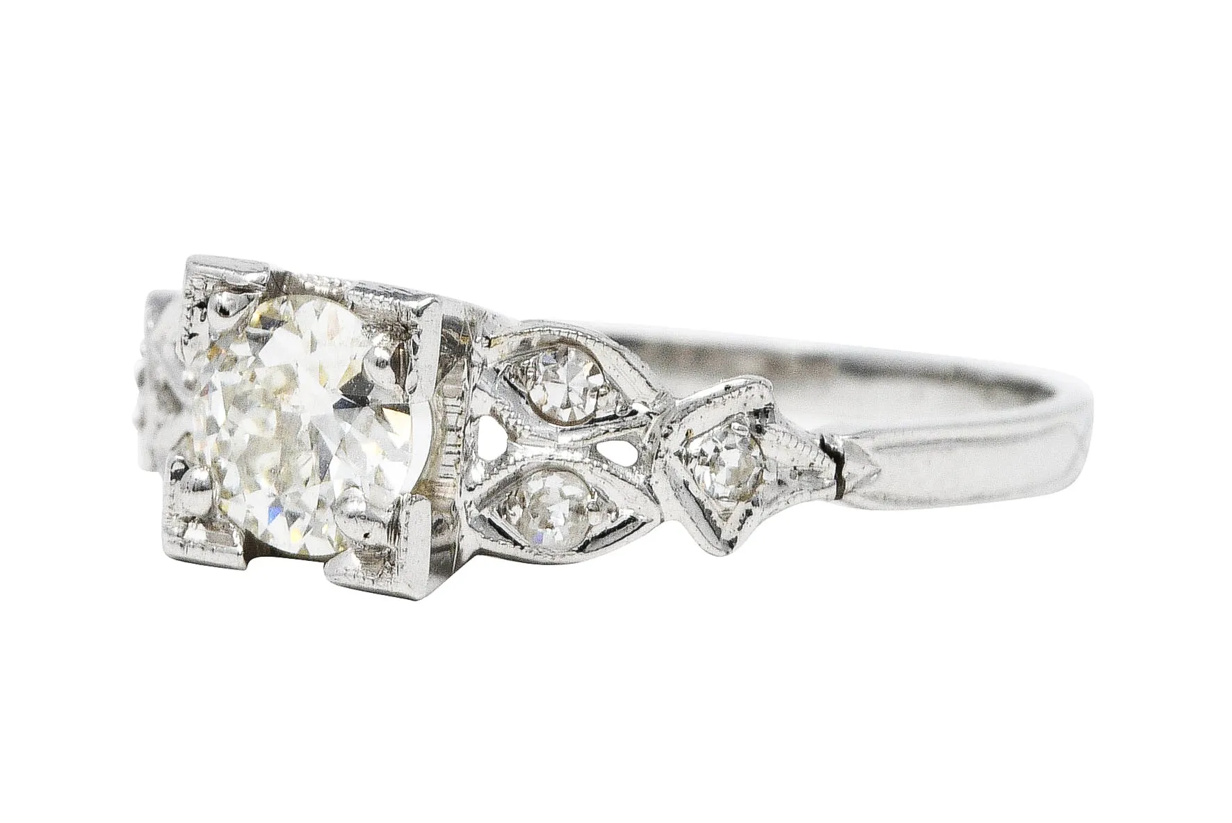 Late Art Deco 0.60 CTW Diamond 18 Karat White Gold Geometric Engagement Ring