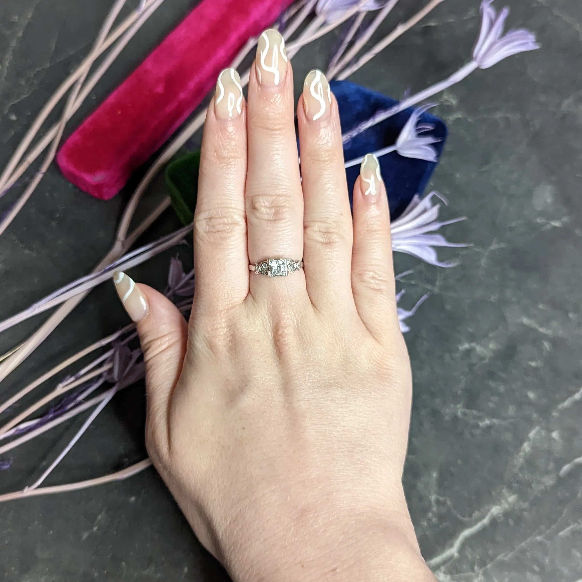 Late Art Deco 0.60 CTW Diamond 18 Karat White Gold Geometric Engagement Ring