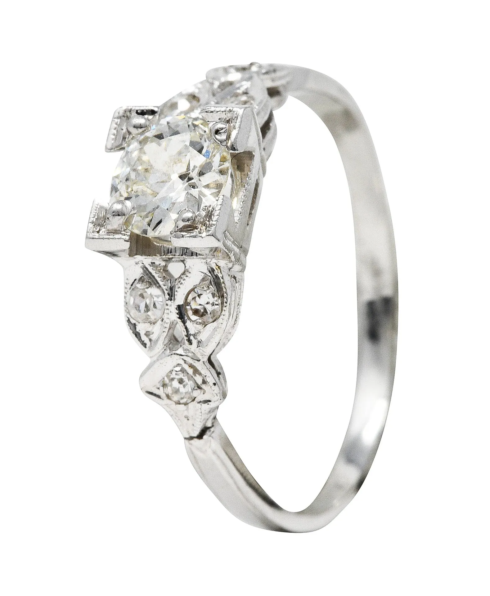 Late Art Deco 0.60 CTW Diamond 18 Karat White Gold Geometric Engagement Ring