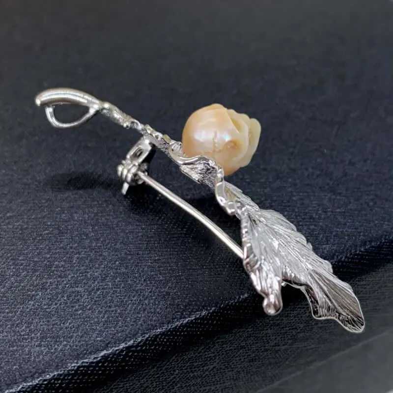 Layered Silver Leaf Branches Pearl Skull Brooch
