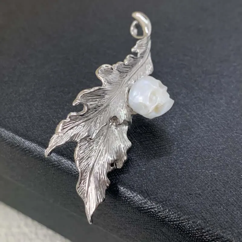 Layered Silver Leaf Branches Pearl Skull Brooch
