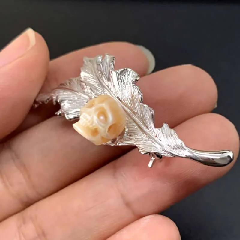 Layered Silver Leaf Branches Pearl Skull Brooch
