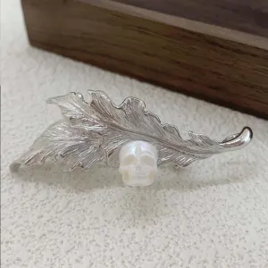 Layered Silver Leaf Branches Pearl Skull Brooch