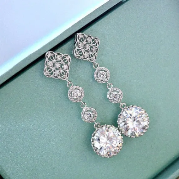 Long Bridal Earrings. Long Round Cubic Zirconia Diamond Shape Post Earrings. Bridal Drop Dangle Wedding Earrings. Bridesmaid Earrings