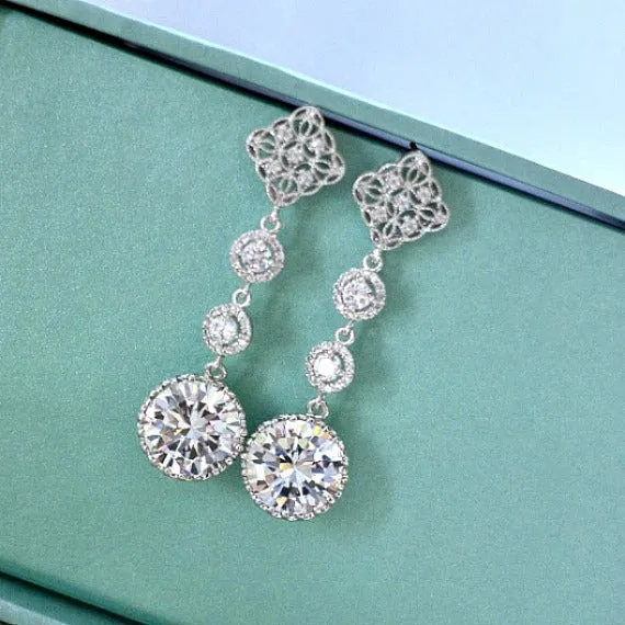 Long Bridal Earrings. Long Round Cubic Zirconia Diamond Shape Post Earrings. Bridal Drop Dangle Wedding Earrings. Bridesmaid Earrings