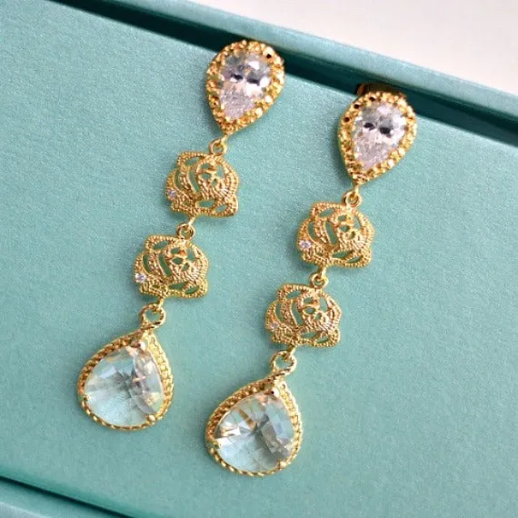 Long Gold Plated Rose Flower Glass Drop Bridal Earrings. Bridal Drop Dangle Earrings. Bridesmaid Earrings. Bridal Drop Dangle Earrings