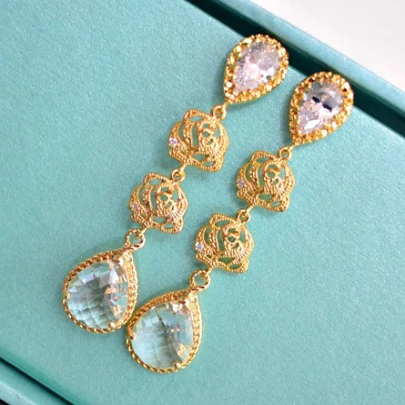 Long Gold Plated Rose Flower Glass Drop Bridal Earrings. Bridal Drop Dangle Earrings. Bridesmaid Earrings. Bridal Drop Dangle Earrings