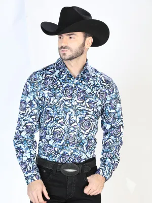 Long Sleeve Denim Shirt with Blue Floral Print Brooches for Men 'The Lord of the Skies' - ID: 44069