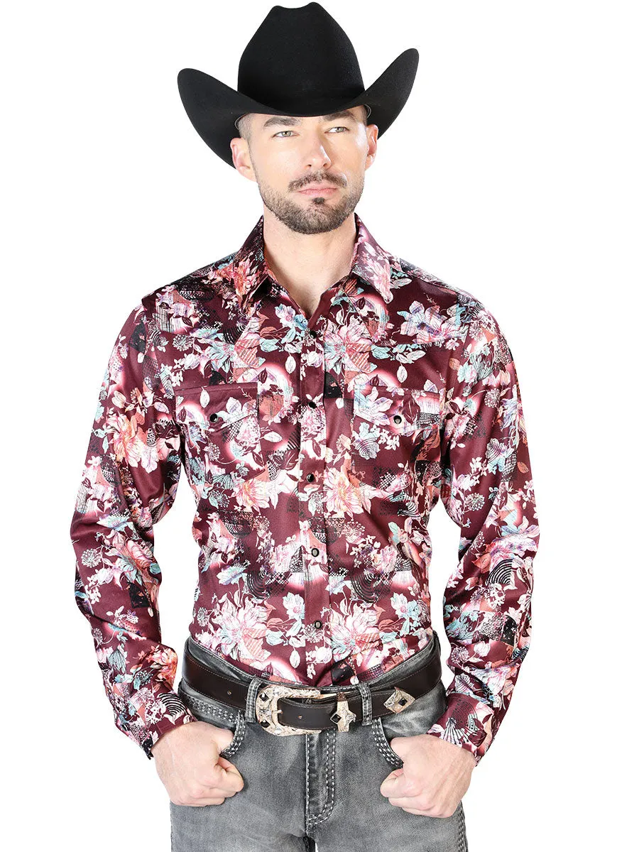 Long Sleeve Denim Shirt with Coffee/Beige Floral Print Brooches for Men 'The Lord of the Skies' - ID: 43936