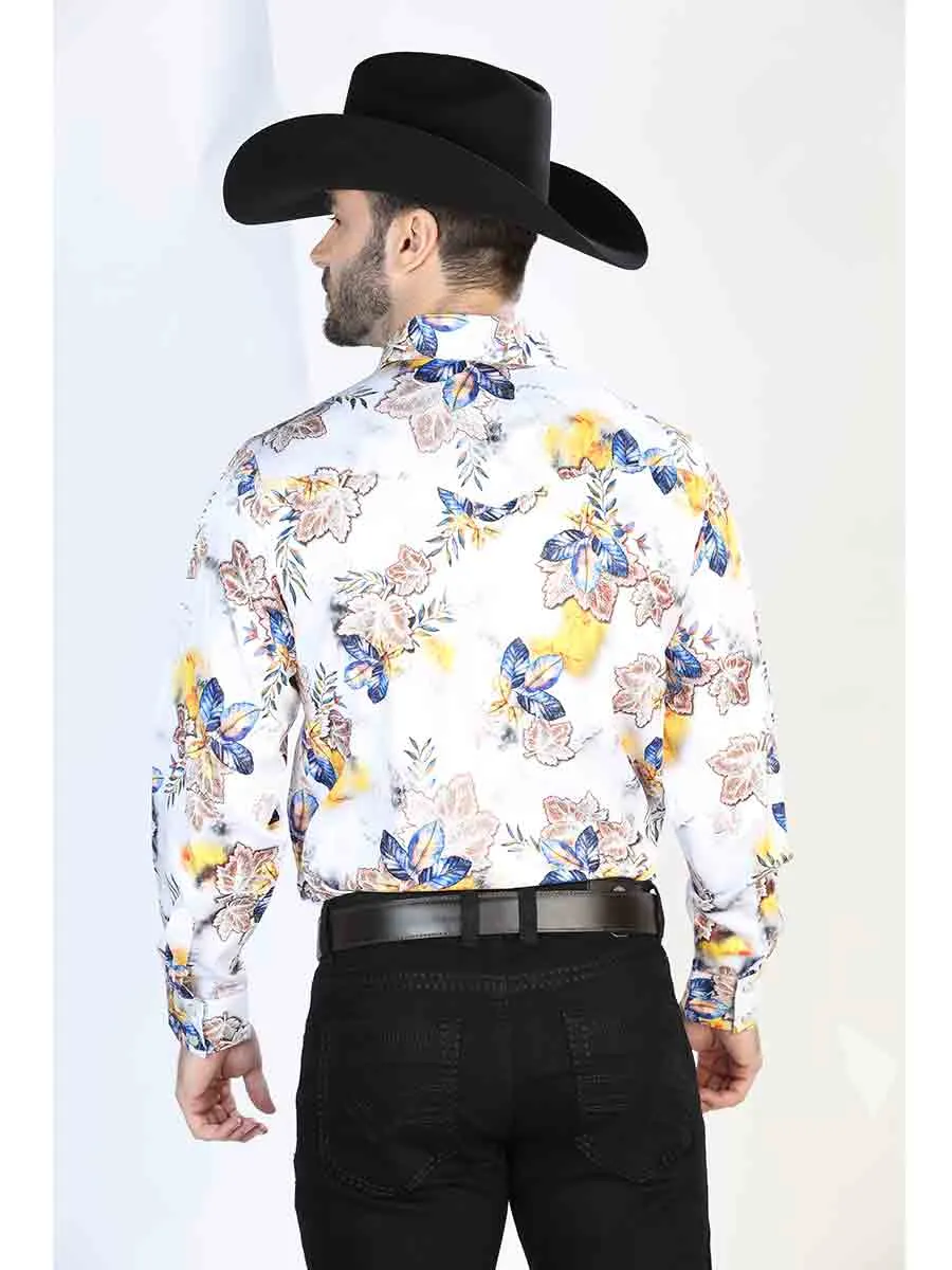 Long Sleeve Denim Shirt with White/Blue Floral Print Brooches for Men 'The Lord of the Skies' - ID: 44097