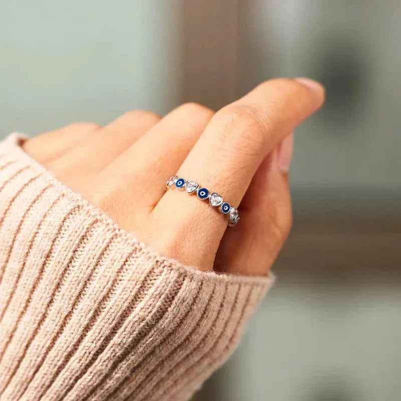 Lucky Turkish Blue Evil Eye Zircon Open Rings Enamel Love Heart Demon Eyes Finger Rings Party Jewelry
