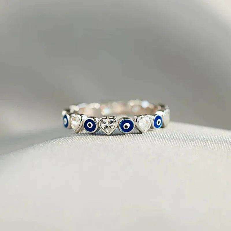 Lucky Turkish Blue Evil Eye Zircon Open Rings Enamel Love Heart Demon Eyes Finger Rings Party Jewelry