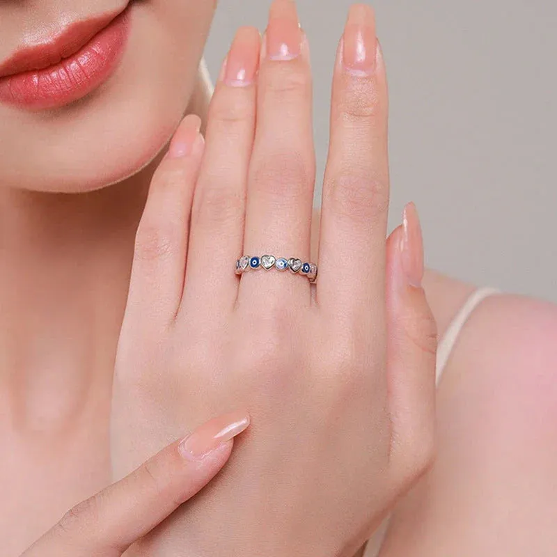 Lucky Turkish Blue Evil Eye Zircon Open Rings Enamel Love Heart Demon Eyes Finger Rings Party Jewelry