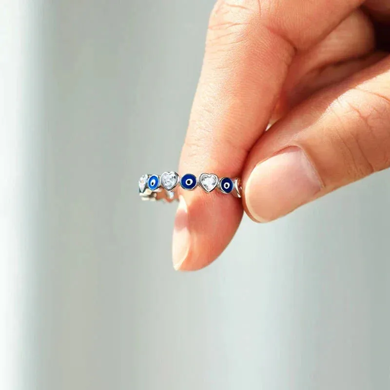 Lucky Turkish Blue Evil Eye Zircon Open Rings Enamel Love Heart Demon Eyes Finger Rings Party Jewelry