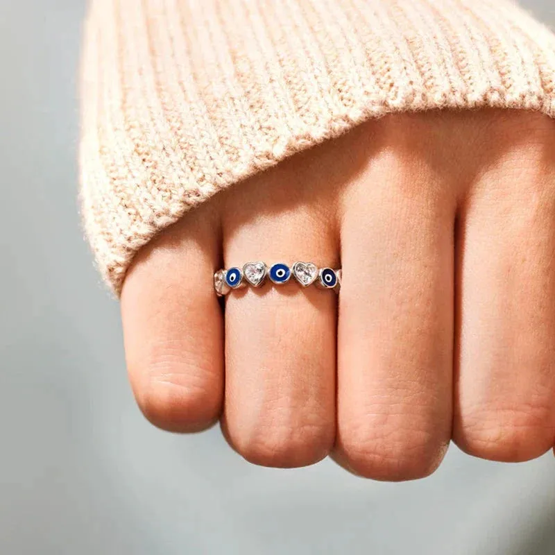Lucky Turkish Blue Evil Eye Zircon Open Rings Enamel Love Heart Demon Eyes Finger Rings Party Jewelry