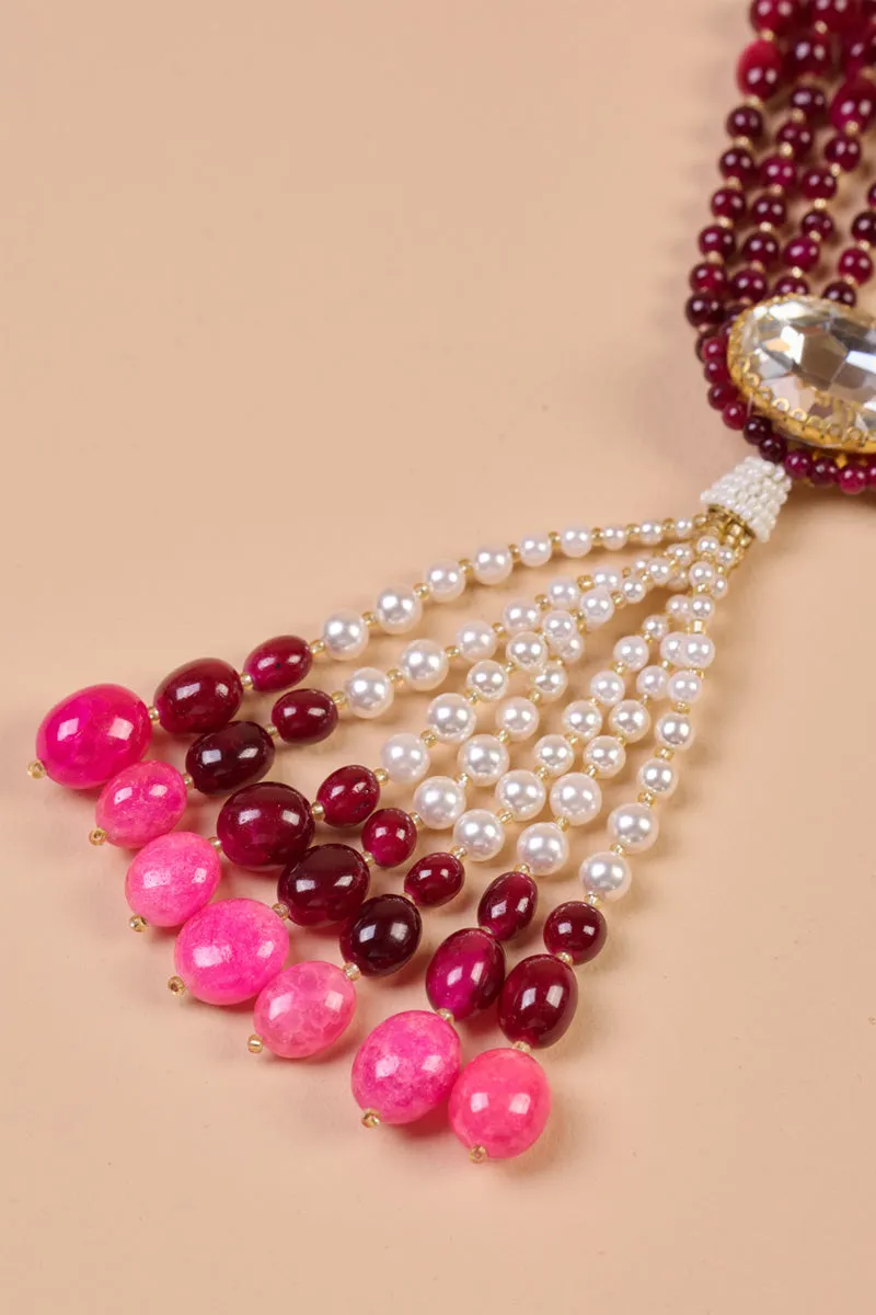 Maroon Four Layered Mala With Big Pearl Lead Drop
