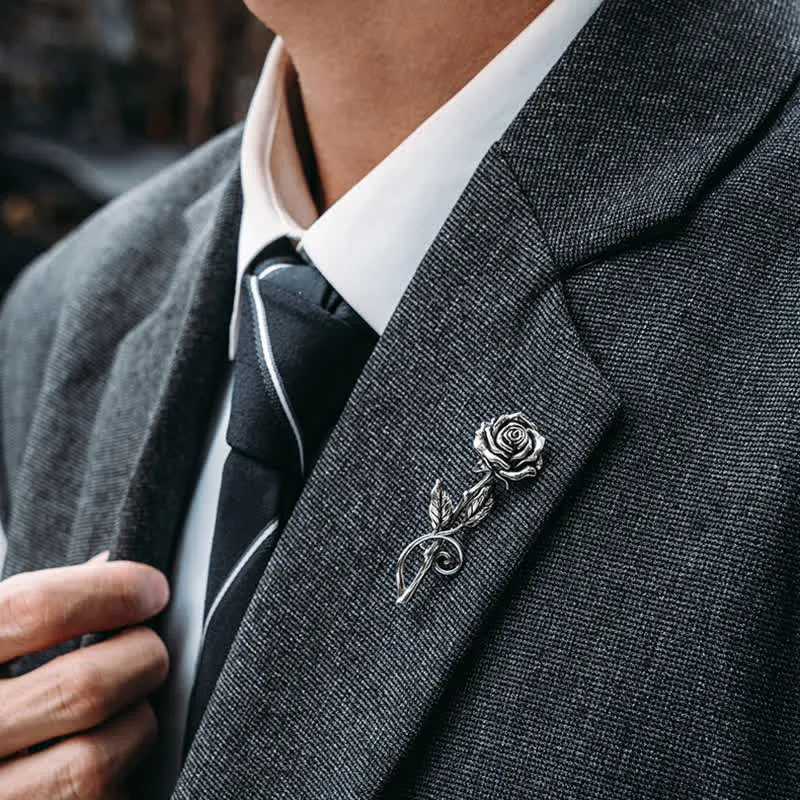 Men's Romantic Gentleman 3D Silver Rose Brooch