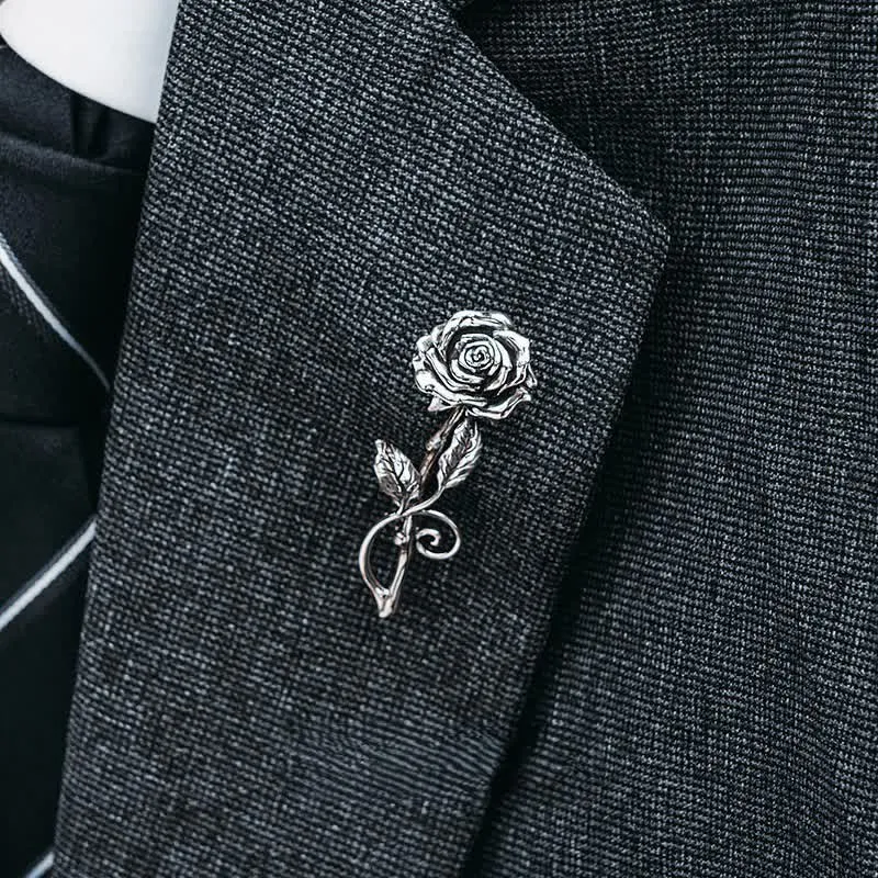 Men's Romantic Gentleman 3D Silver Rose Brooch