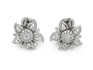 Mid-Century Floral Diamond Earrings / Brooch in Platinum