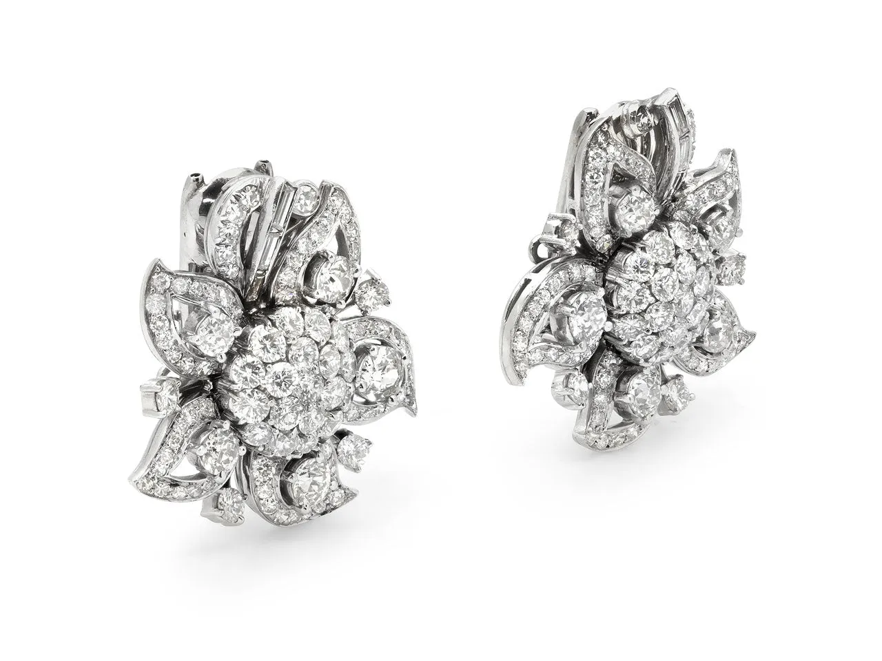 Mid-Century Floral Diamond Earrings / Brooch in Platinum