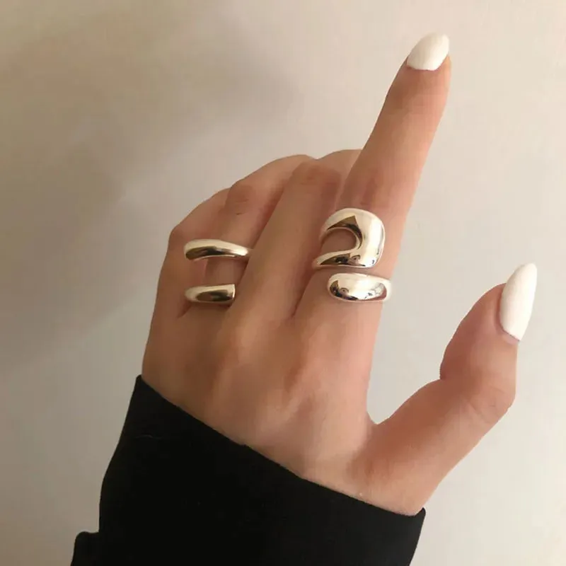 Minimalist Silver Colour Ring for Women Fashion Creative Hollow Irregular Geometric Rings Set Birthday Party Jewelry Gift