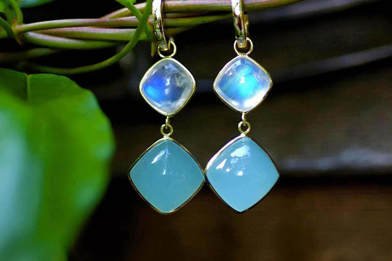Moonstone and Chalcedony Drop Earrings