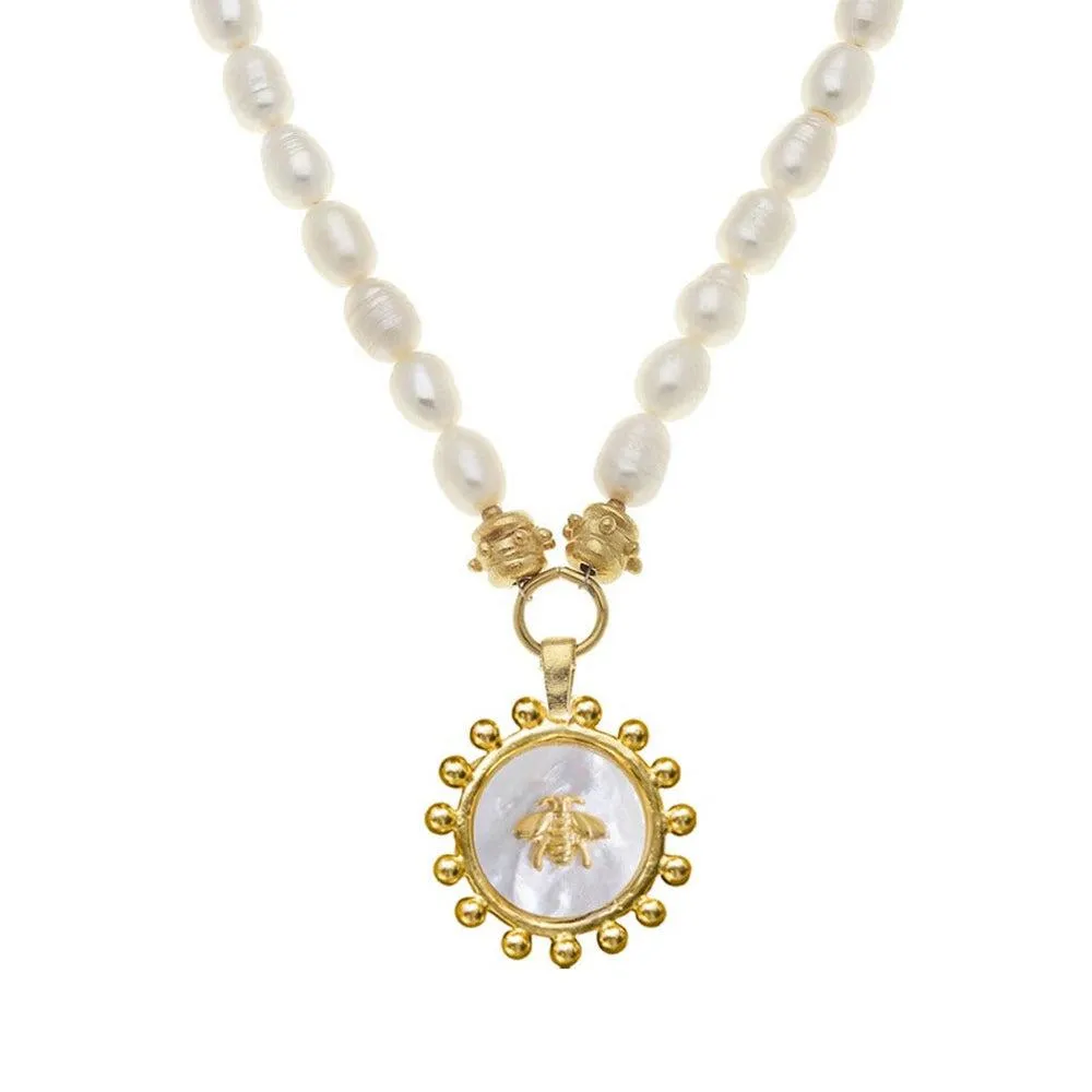 Mother of Pearl Bee Necklace on Freshwater Pearls