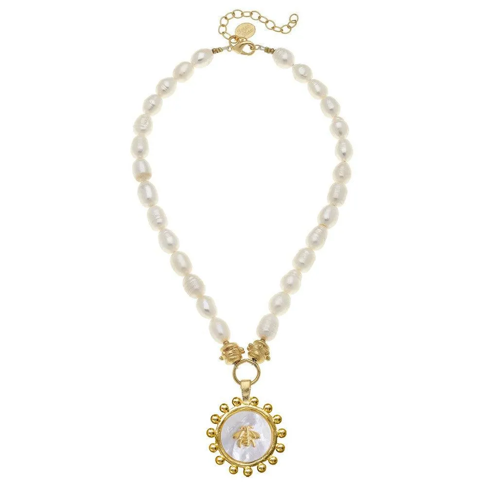 Mother of Pearl Bee Necklace on Freshwater Pearls