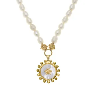 Mother of Pearl Bee Necklace on Freshwater Pearls