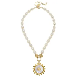 Mother of Pearl Bee Necklace on Freshwater pearls