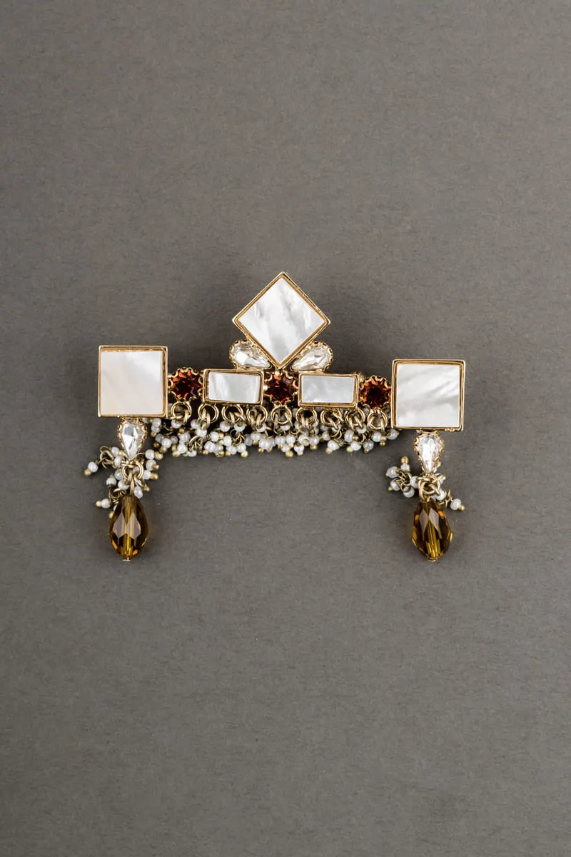 Mother Of Pearl Brooch With Yellow Crystals