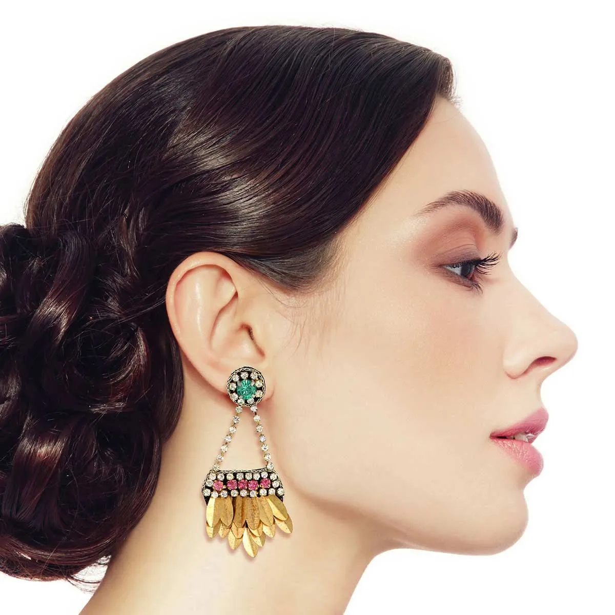 Multicolor Rhinestone Earrings with Burnished Gold Leaves