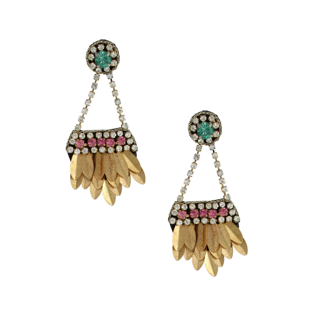 Multicolor Rhinestone Earrings with Burnished Gold Leaves