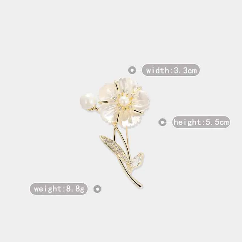 Natural Shell Camellia Gold White Pearl Zircon Copper Alloy Brooch Pin