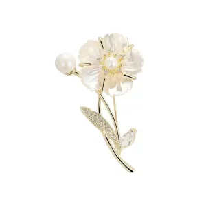 Natural Shell Camellia Gold White Pearl Zircon Copper Alloy Brooch Pin