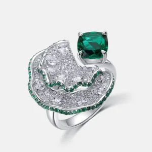 New Seiko full diamond petal ring women S925 sterling silver gold plated cultivated emerald ring