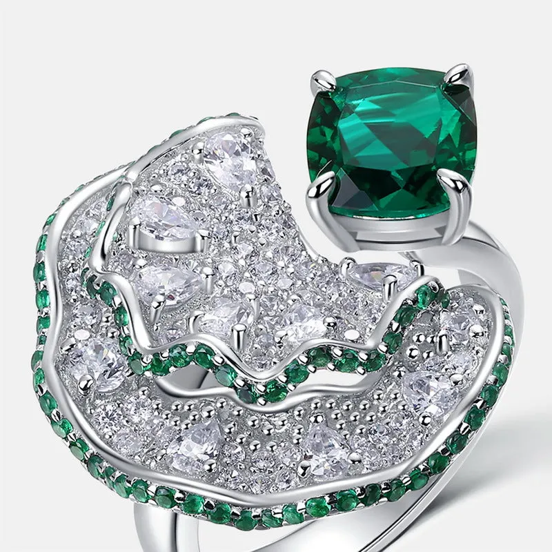 New Seiko full diamond petal ring women S925 sterling silver gold plated cultivated emerald ring