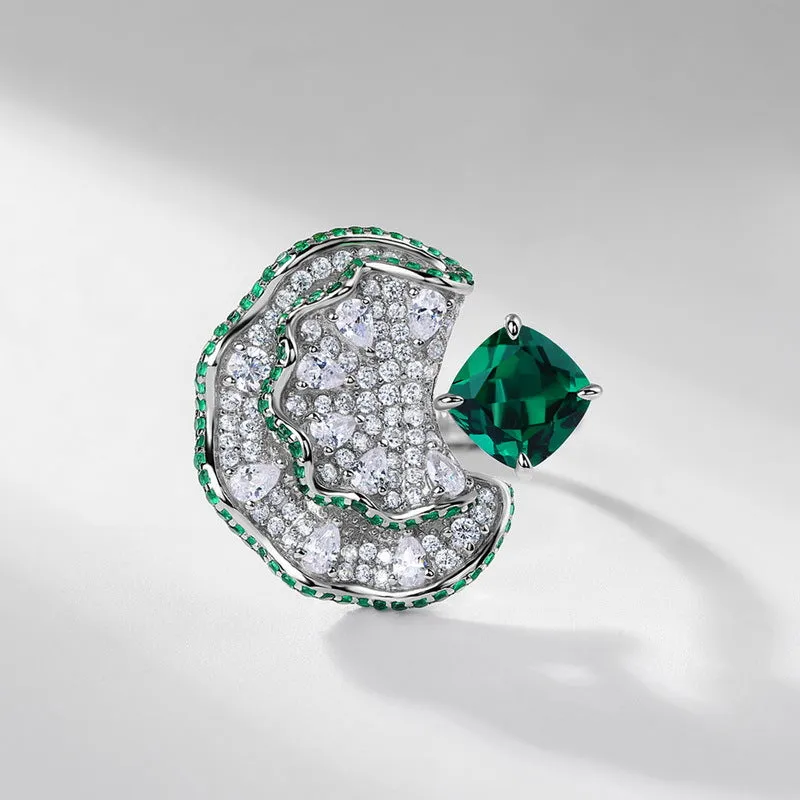 New Seiko full diamond petal ring women S925 sterling silver gold plated cultivated emerald ring