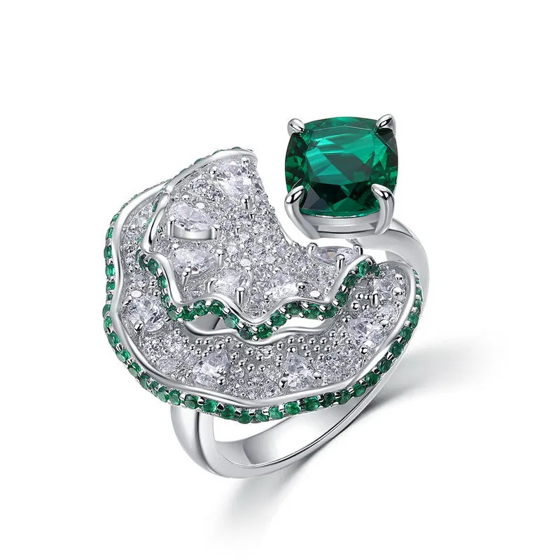 New Seiko full diamond petal ring women S925 sterling silver gold plated cultivated emerald ring