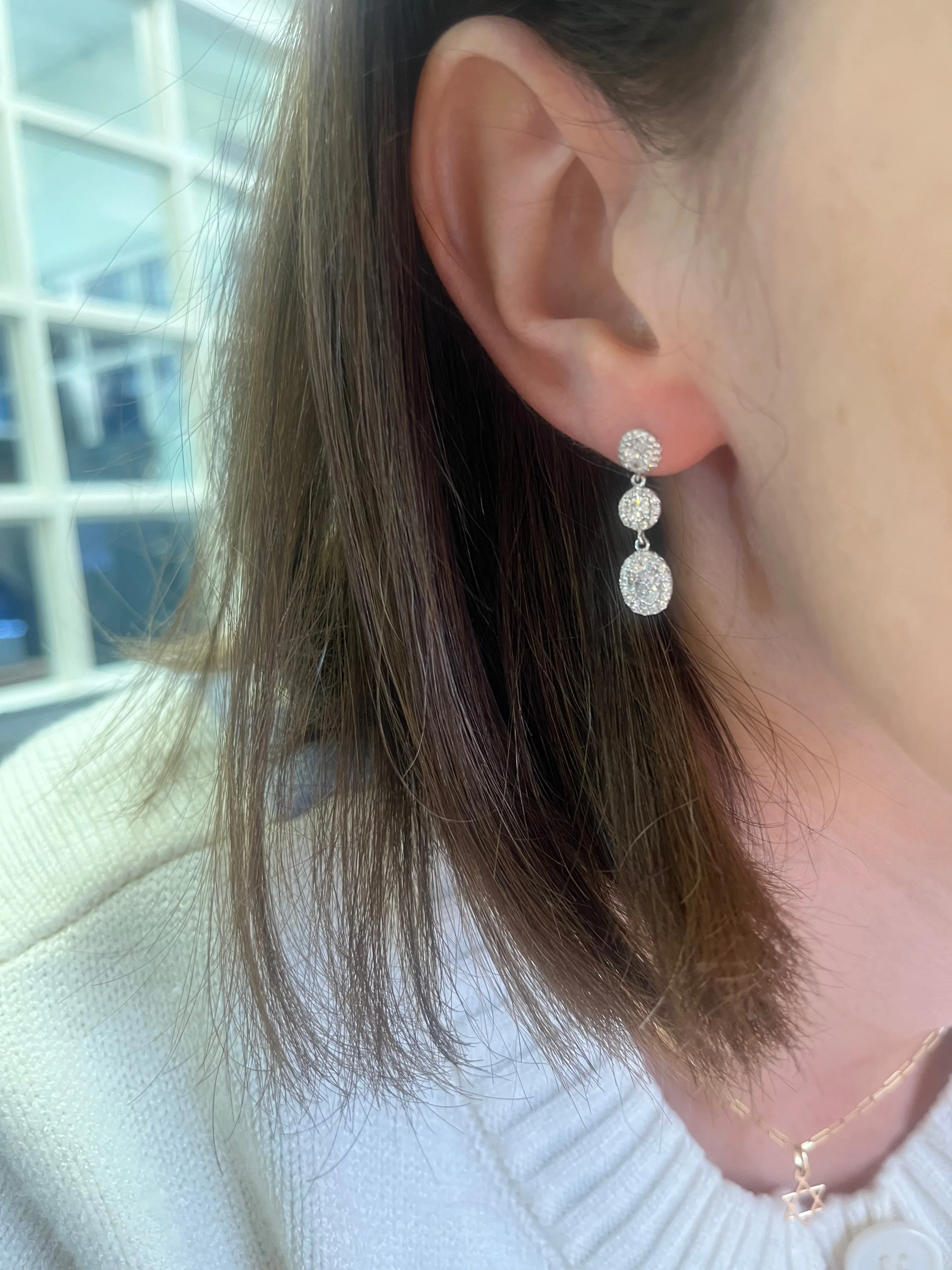 Oval and Round Diamond Drop Earrings