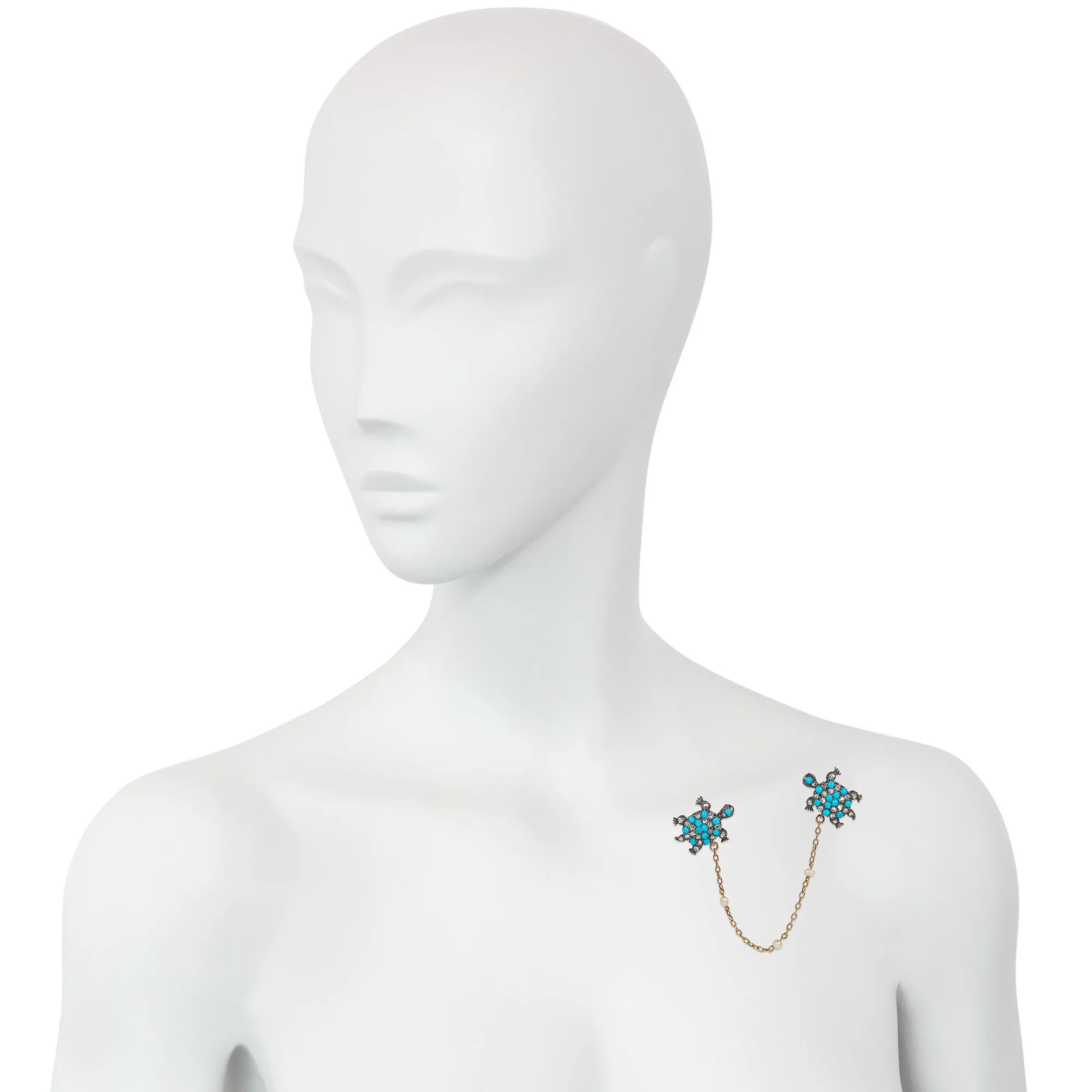 Pair of antique turquoise and diamond turtle brooches