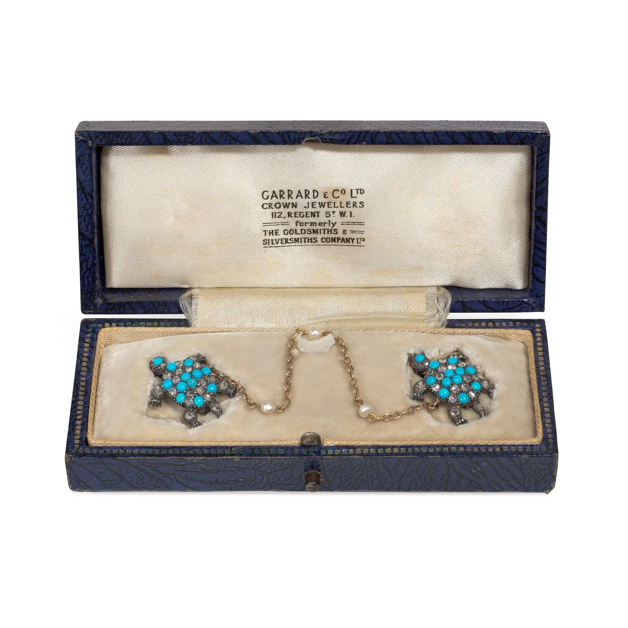 Pair of antique turquoise and diamond turtle brooches