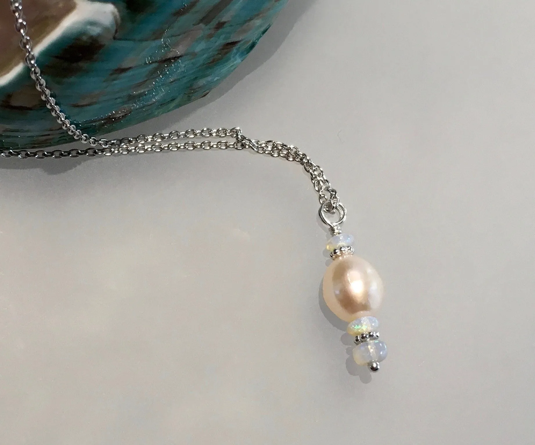 Peach Cultured Pearl & Opal Drop Pendant by Arpaia Jewelry on 18" Sterling Chain