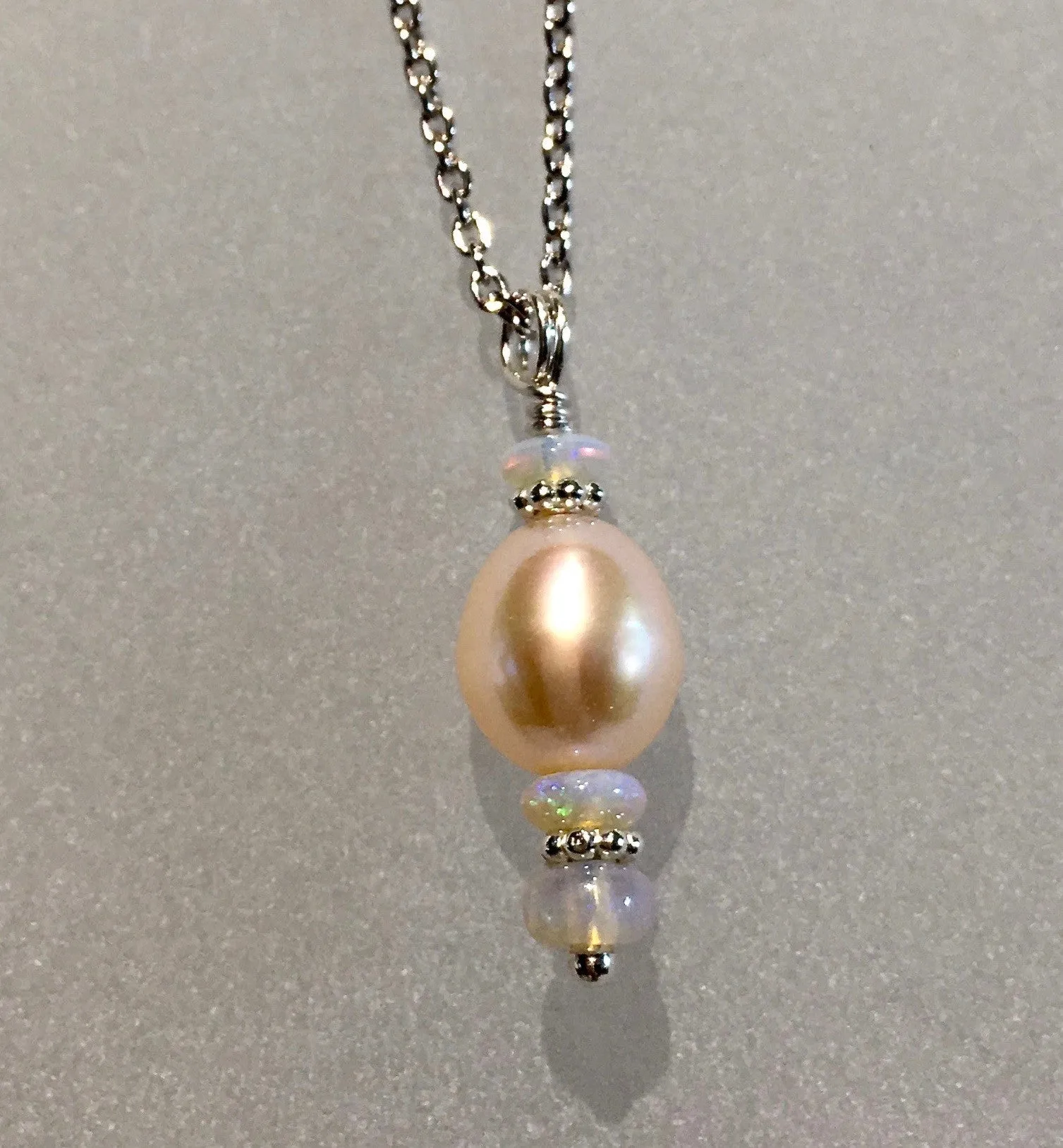 Peach Cultured Pearl & Opal Drop Pendant by Arpaia Jewelry on 18" Sterling Chain
