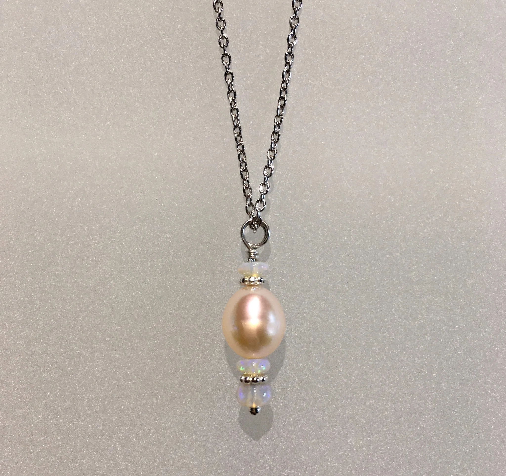 Peach Cultured Pearl & Opal Drop Pendant by Arpaia Jewelry on 18" Sterling Chain