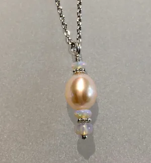 Peach Cultured Pearl & Opal Drop Pendant by Arpaia Jewelry on 18" Sterling Chain